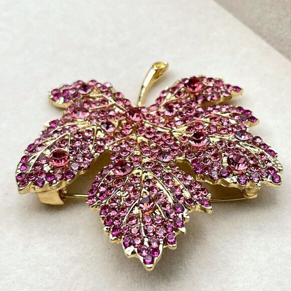 Yellow Gold with Pink Sapphire Crystal Single Maple Leaf Pin Back Brooch - Picture 4 of 8